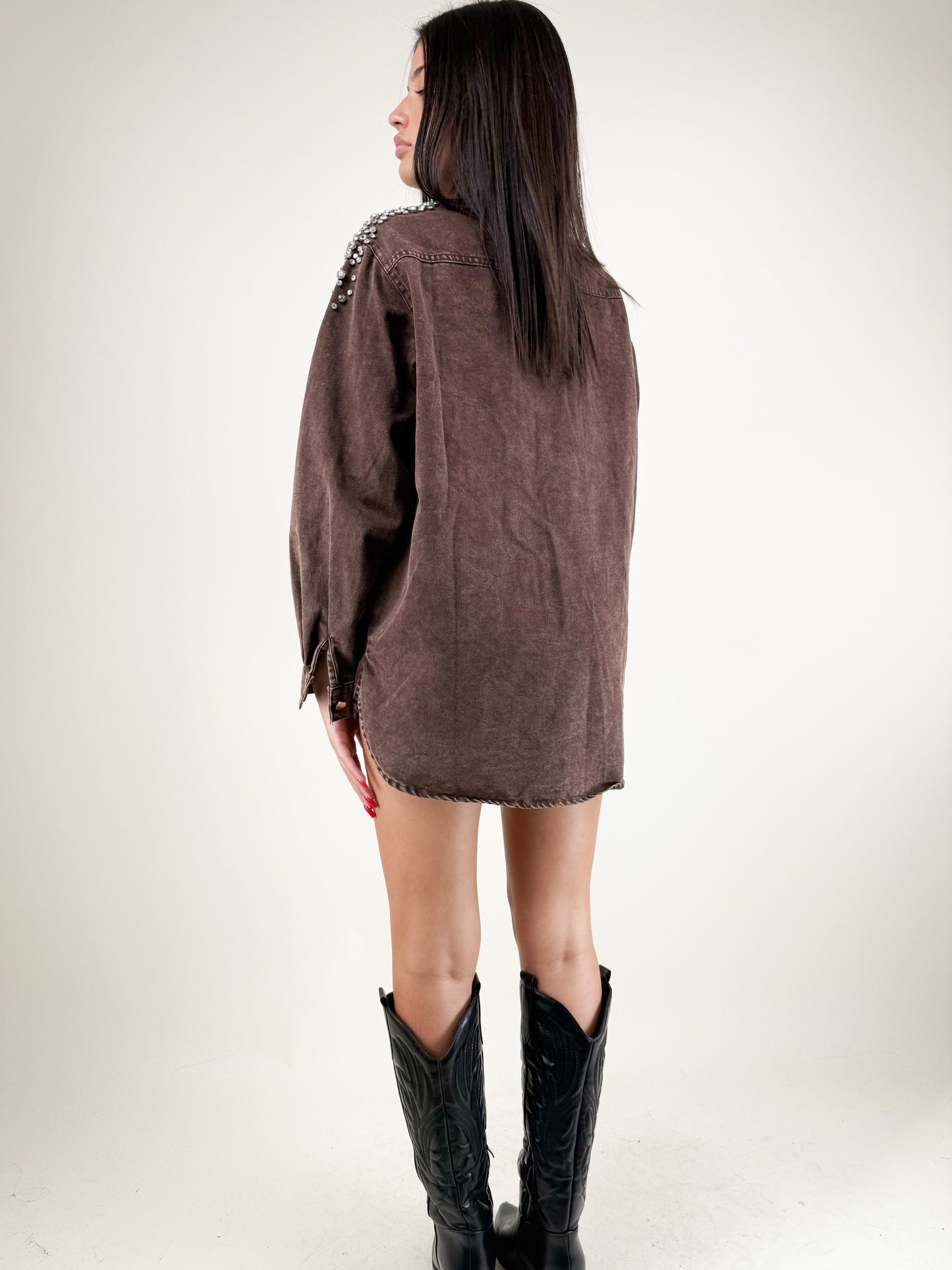 SHINY DENIM CAMICIA JEANS-MARRONE