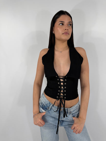CORSETTO NERO CON ALLACCIATURA E COLLO HALTER