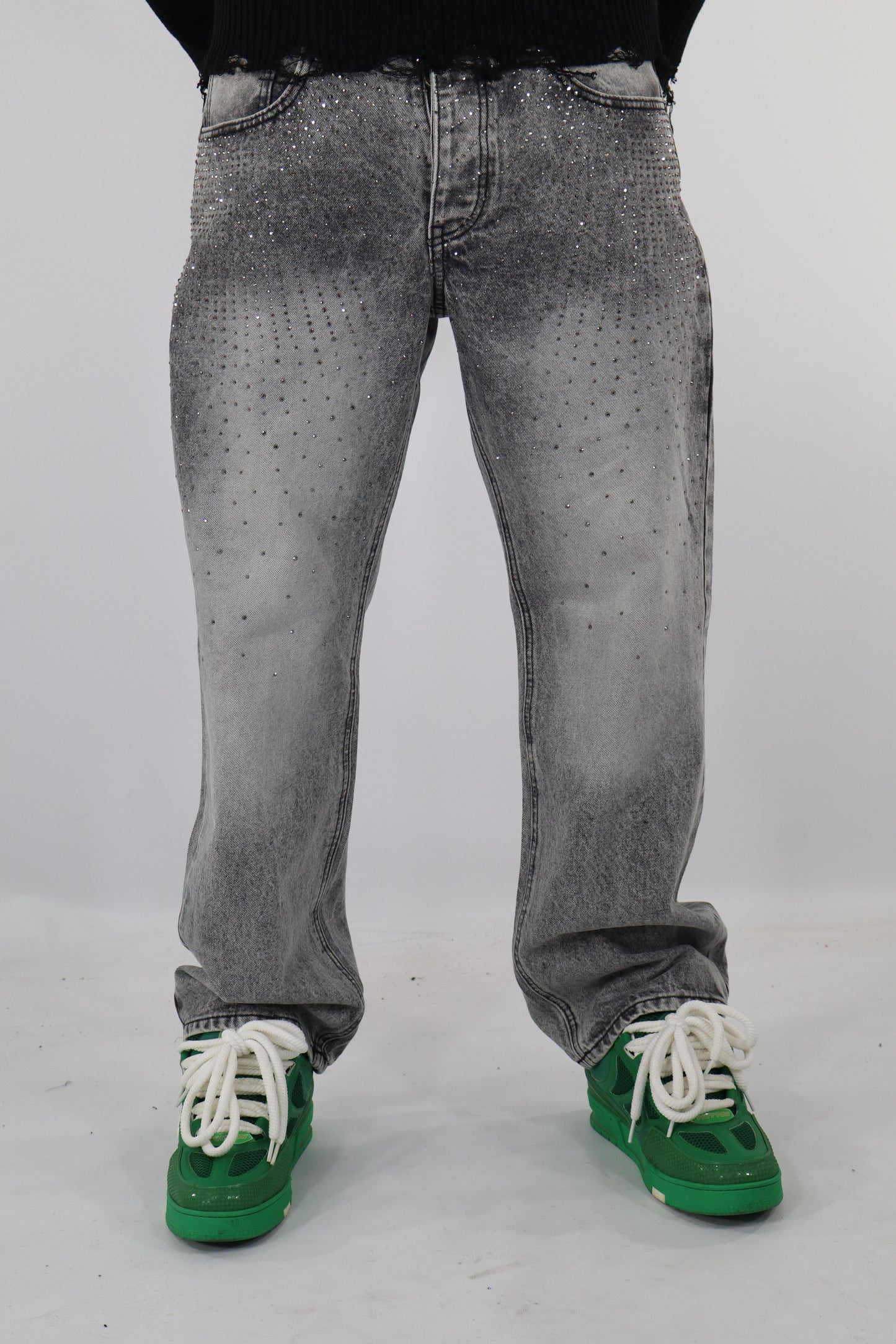 JEANS GRIGIO WASHED STRASS