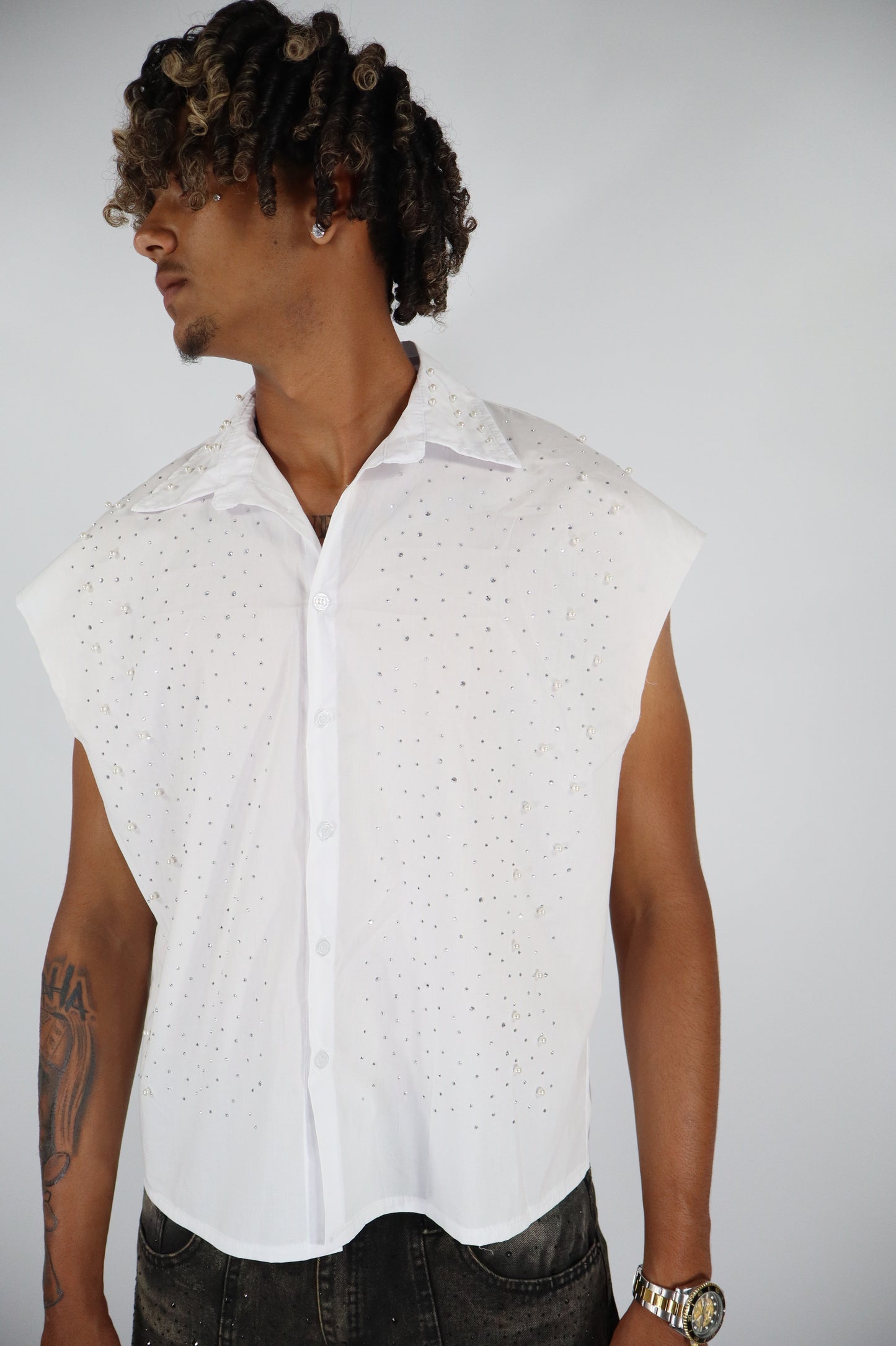 CAMICIA SMANICATA STRASS PERLE - BIANCO