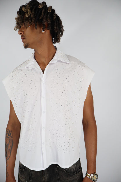 CAMICIA SMANICATA STRASS PERLE - BIANCO