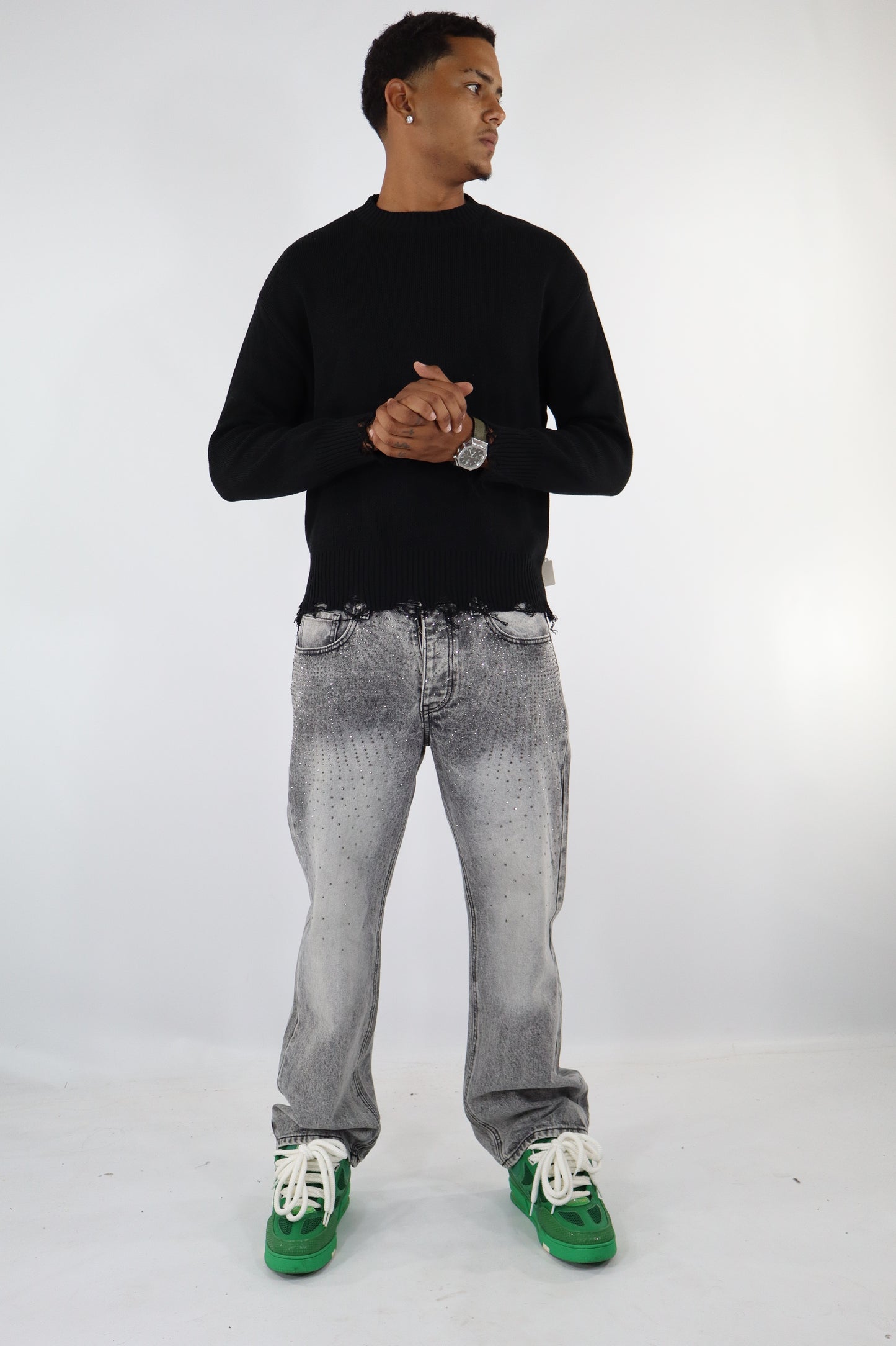 JEANS GRIGIO WASHED STRASS