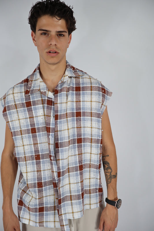 CAMICIA SMANICATA PERLE QUADRI -AZZURRO