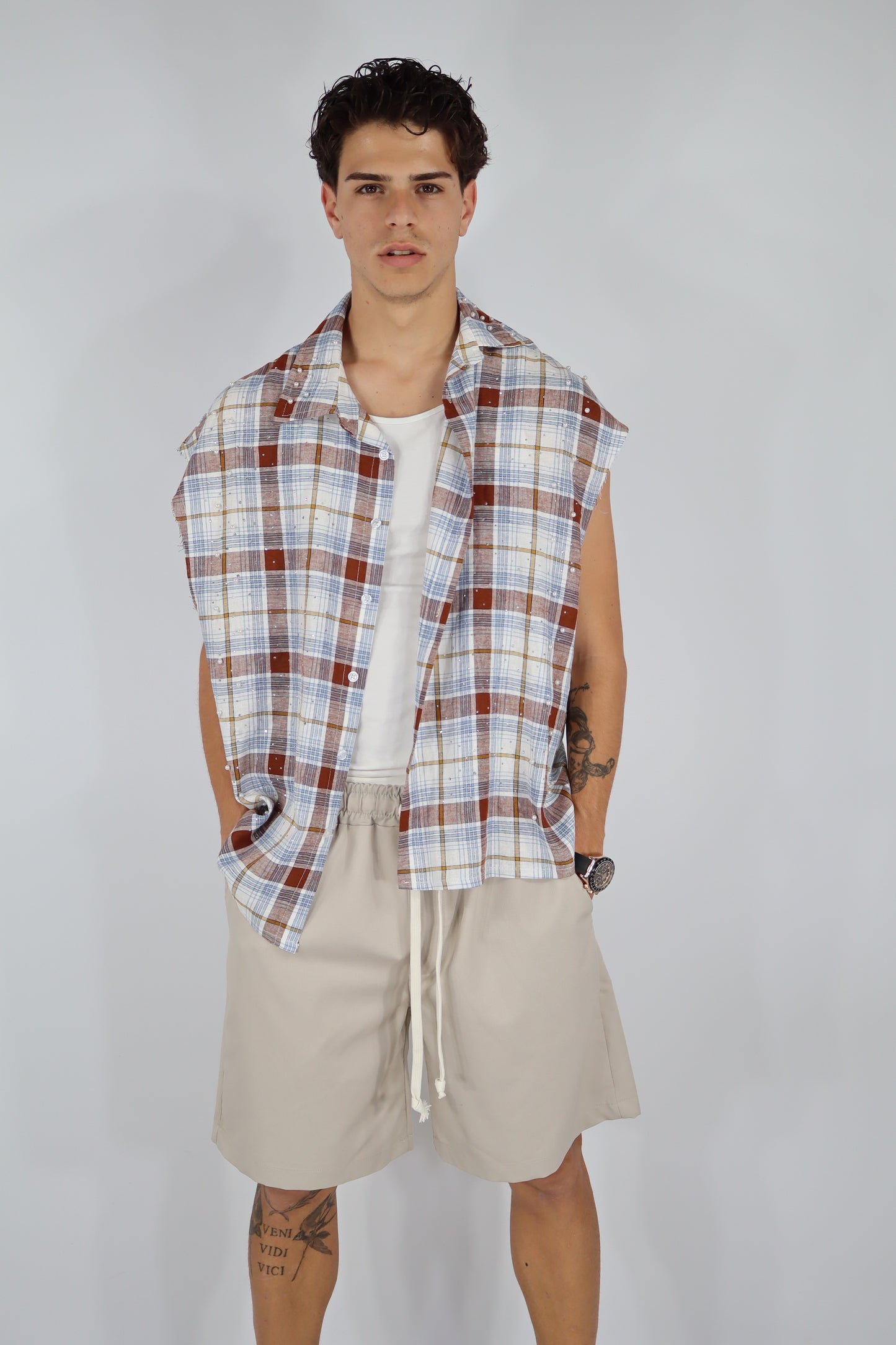 CAMICIA SMANICATA PERLE QUADRI -AZZURRO