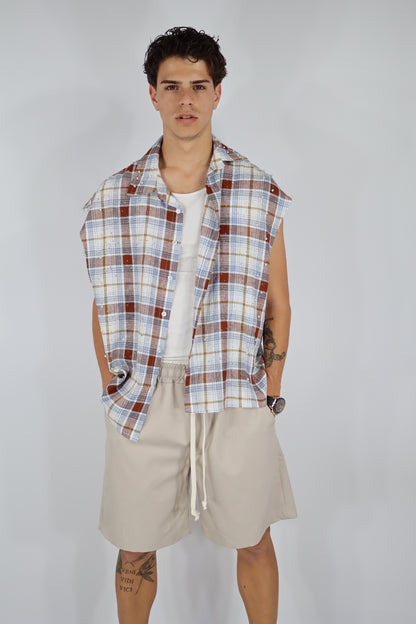 CAMICIA SMANICATA PERLE QUADRI -AZZURRO