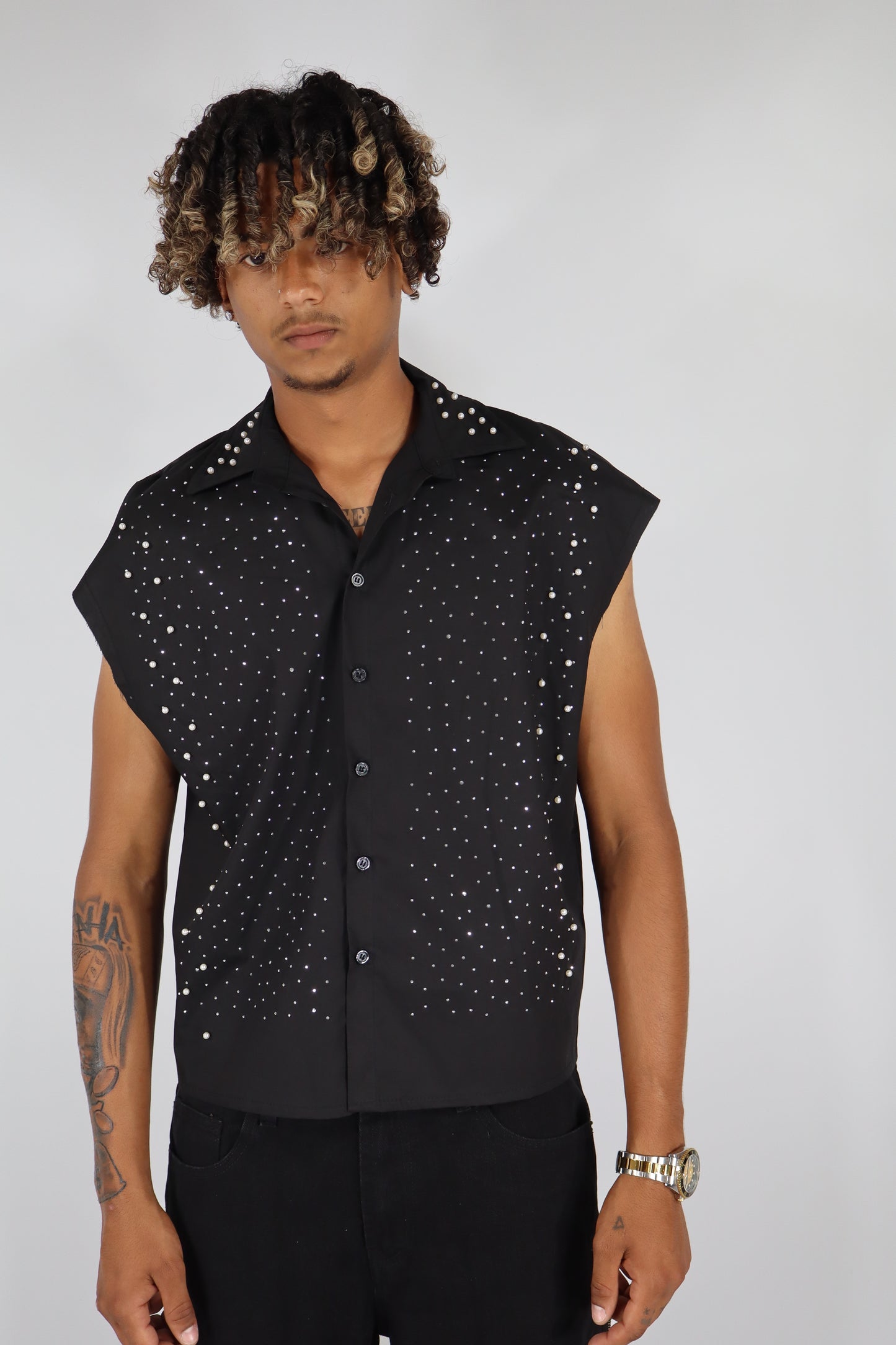 CAMICIA SMANICATA STRASS PERLE - NERO