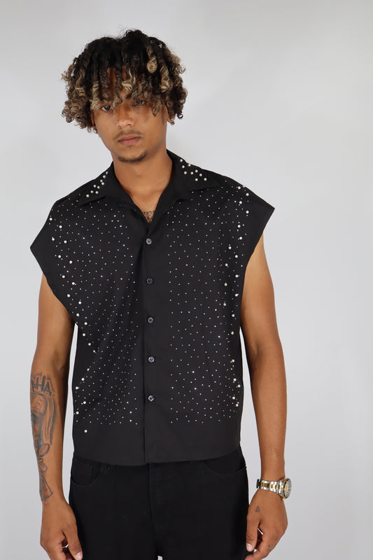 CAMICIA SMANICATA STRASS PERLE - NERO
