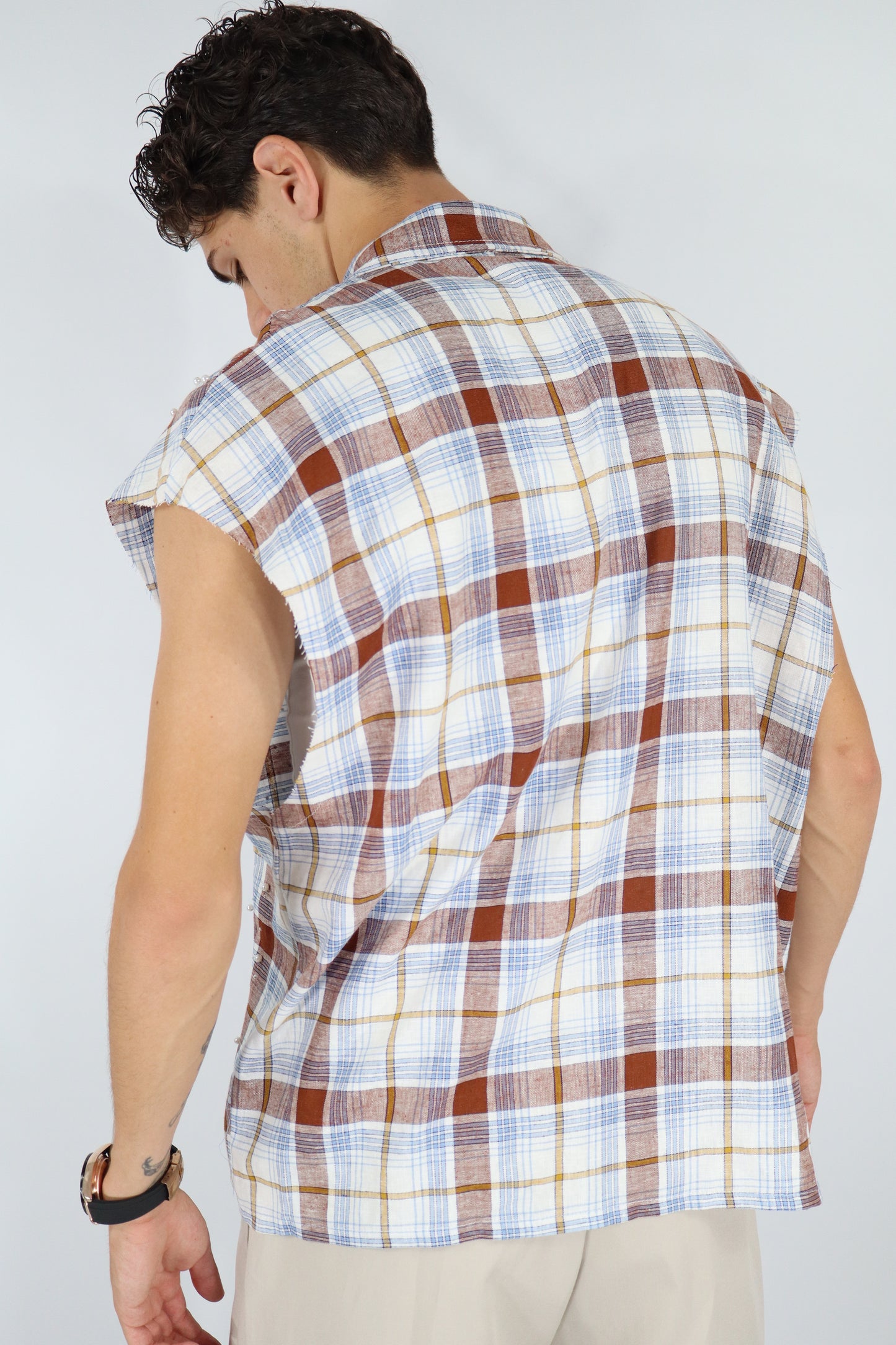CAMICIA SMANICATA PERLE QUADRI -AZZURRO