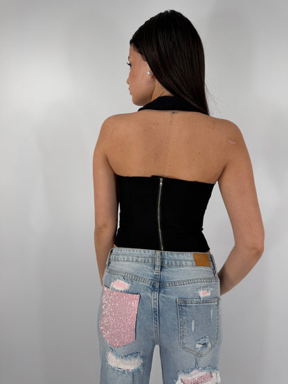 CORSETTO NERO CON ALLACCIATURA E COLLO HALTER