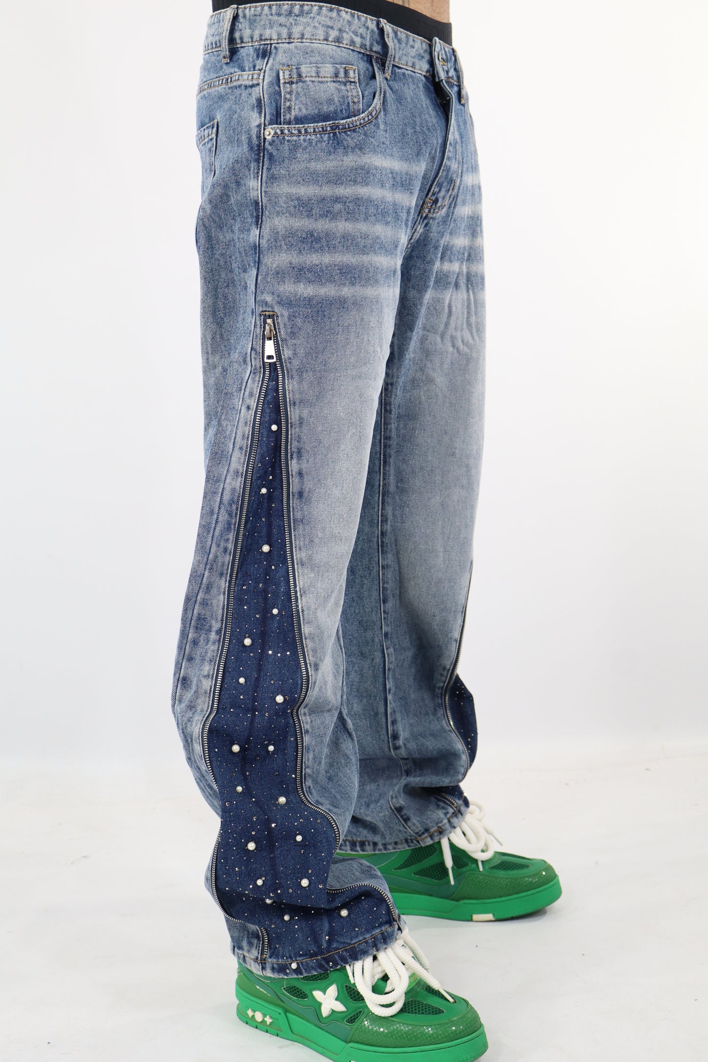 JEANS BAGGY ZIP PERLE STRASS