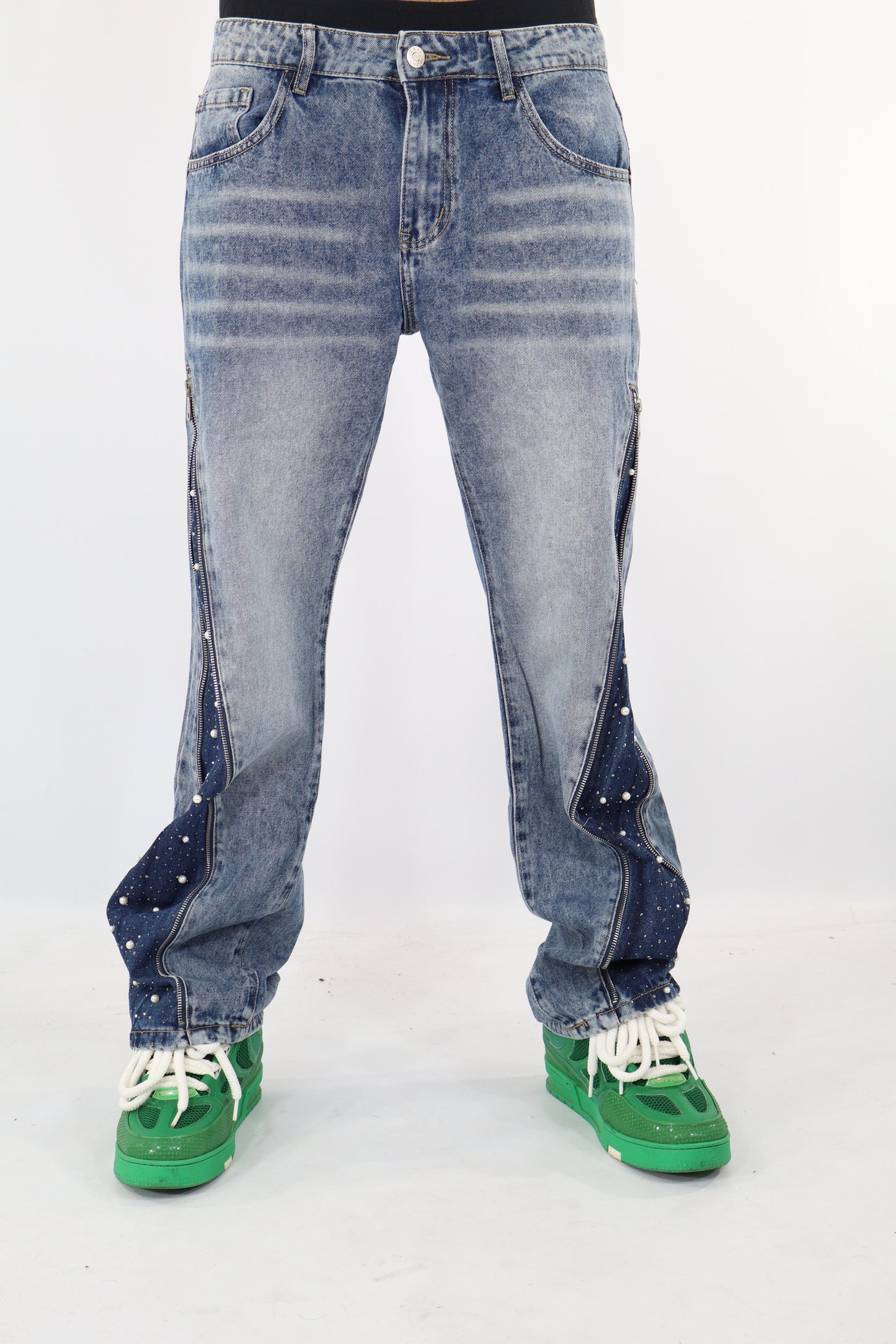 JEANS BAGGY ZIP PERLE STRASS