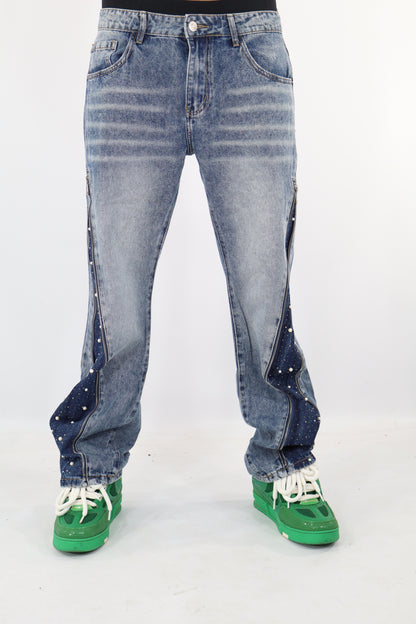 JEANS BAGGY ZIP PERLE STRASS