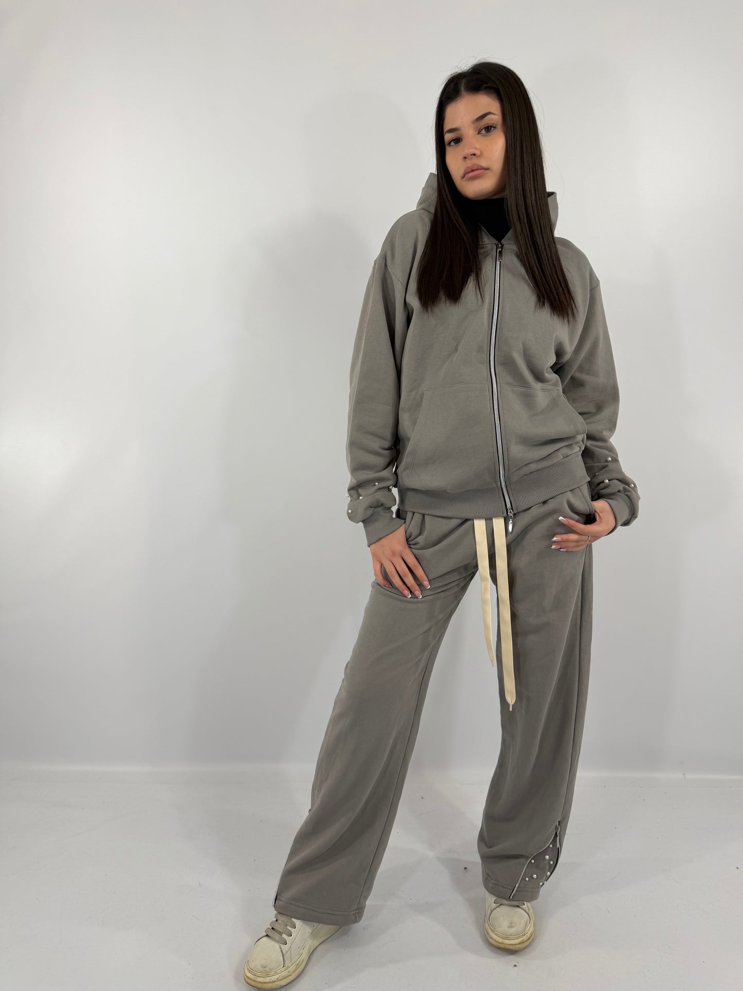 COORDINATO TUTA ZIP PERLE - GRIGIO