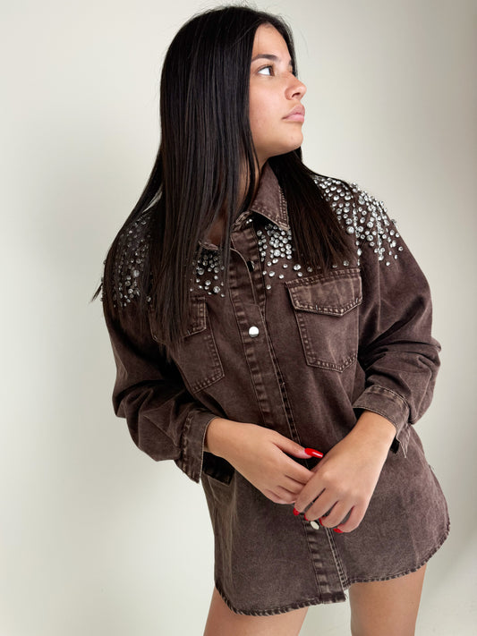 SHINY DENIM CAMICIA JEANS-MARRONE