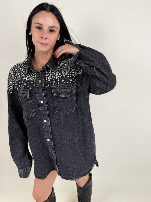 SHINY DENIM CAMICIA JEANS-NERO