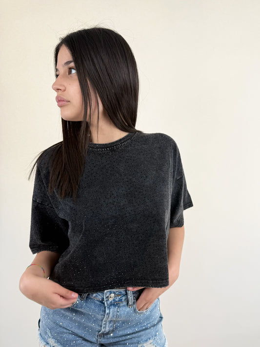 T-SHIRT  CROP EFFETTO STRASS