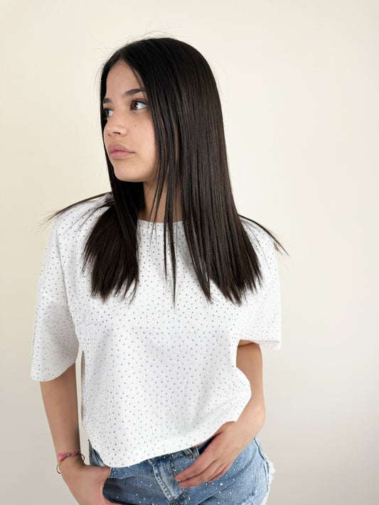 T-SHIRT CROP EFFETTO STRASS